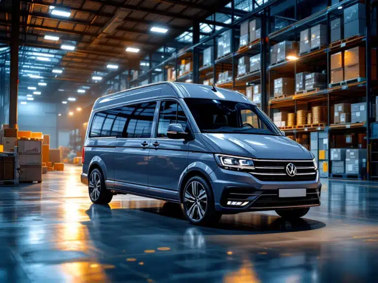 A modern company car in a warehouse, illuminated by warm light, with financial symbols in the background; focus on leasing and cash flow.