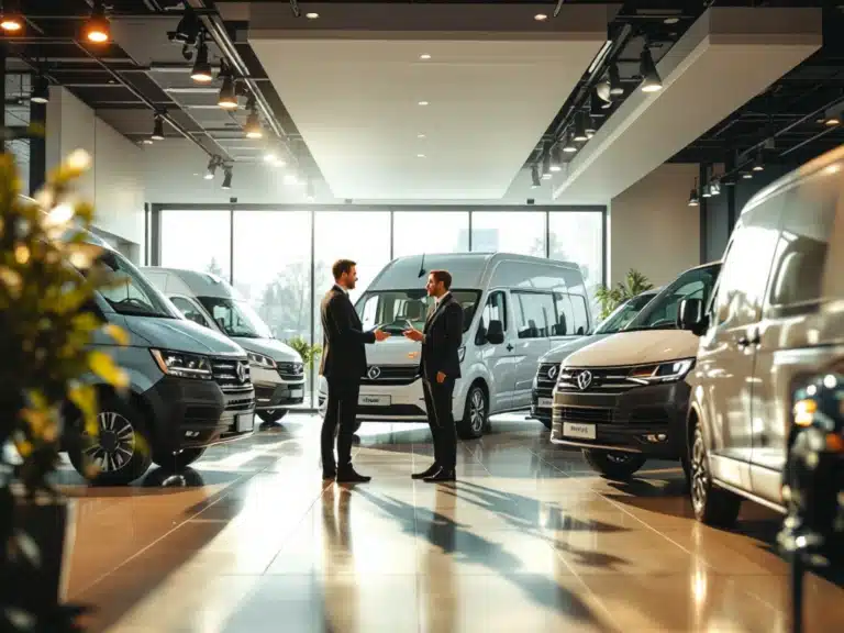 A modern showroom of Van den Hurk Commercial Vehicles with various commercial vehicles, a business meeting and plenty of natural light.