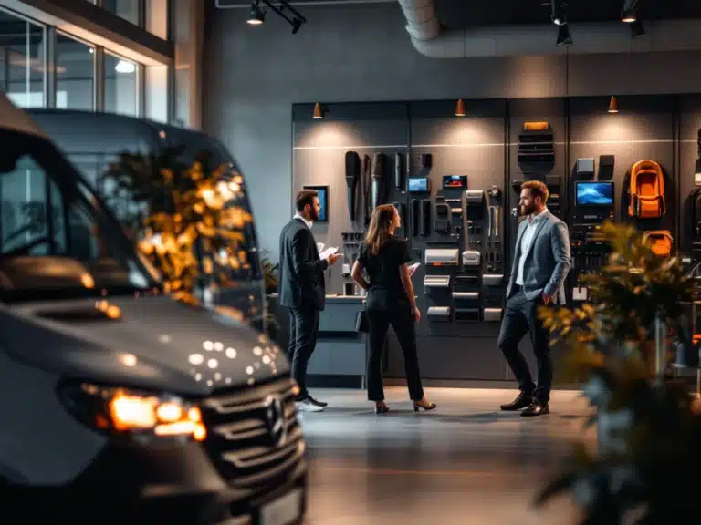 A modern showroom with a polished van and customer service in conversation, surrounded by vehicle accessories and warm lighting.