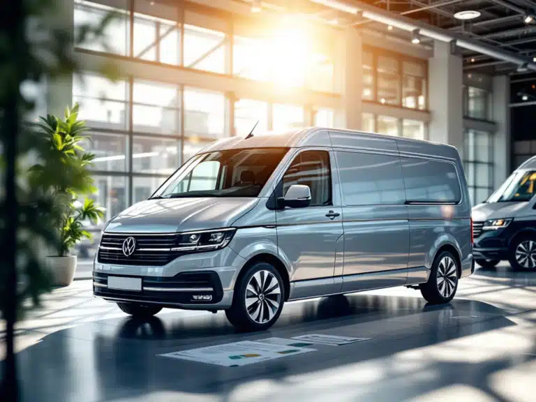 A modern company car in a sunlit showroom of Van den Hurk Bedrijfswagens, surrounded by financial symbols and contract papers.