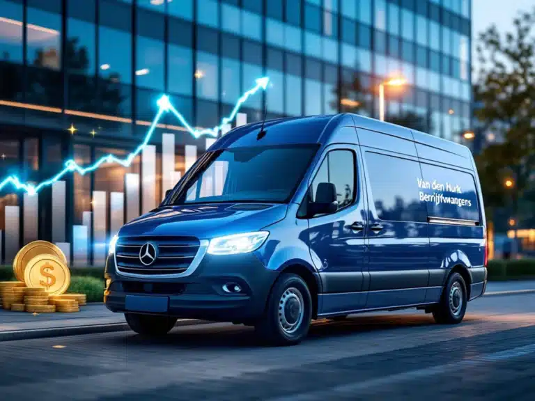 A modern company car from Van den Hurk Bedrijfswagens for an office surrounded by symbols of financial growth and confidence.