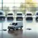 Сучасний офіс з письмовим столом, ключами від автомобілів, макетом автобуса. У великих вікнах зображені комерційні автомобілі, з відтінком зеленого.