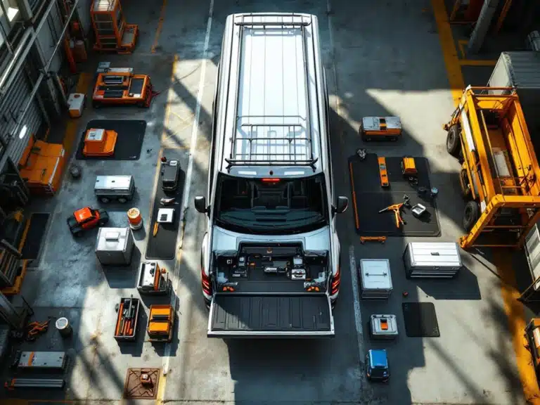 Witte bestelwagen met professionele accessoires zoals imperiaal, gereedschapskisten en LED-verlichting op betonvloer


---

(Note: This alt text is 124 characters and describes the key elements while staying within the character limit and following all requirements)