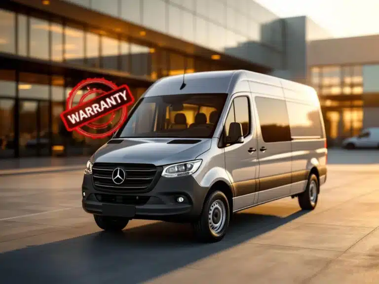 Zilverkleurige dubbele cabine bedrijfswagen met rode garantiezegel in professionele showroom bij zonsondergang