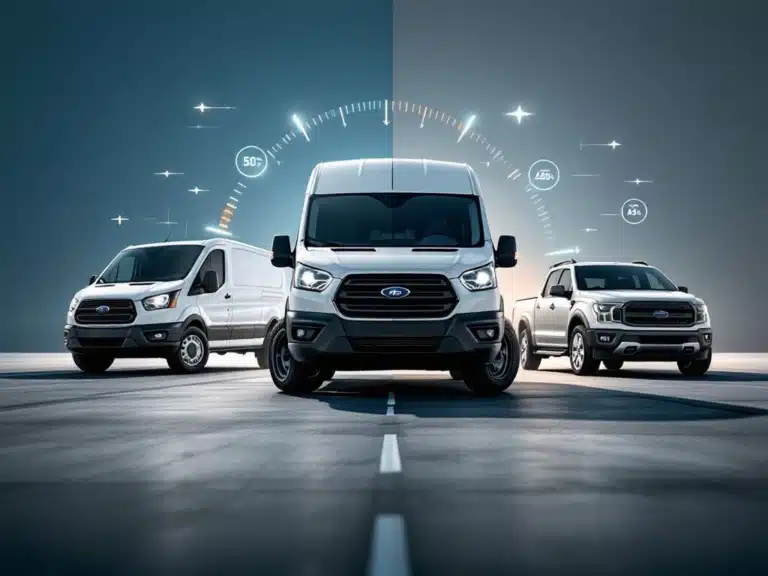 Witte bedrijfswagen naast pick-uptruck en personenauto met brandstofefficiëntie-pictogrammen op blauwe achtergrond