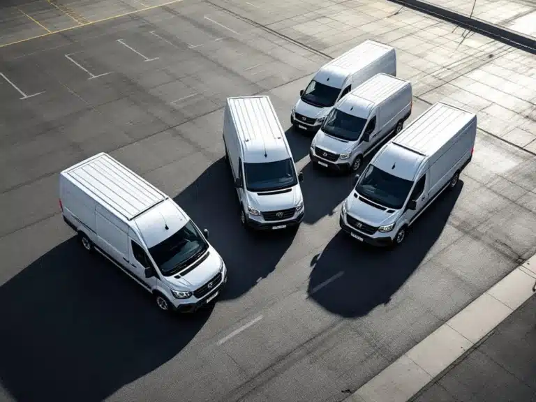 Vijf moderne bedrijfswagens met dubbele cabines in diagonale formatie op asfalt, luchtfoto met scherpe schaduwen
