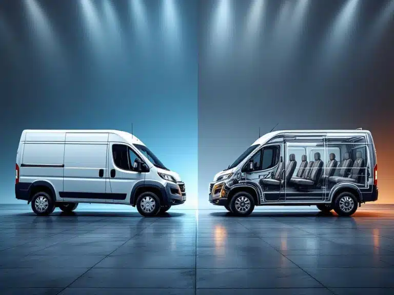 Două vehicule comerciale albe în showroom: cabină simplă cu spațiu de încărcare lung, alături de cabină dublă cu spațiu pentru pasageri