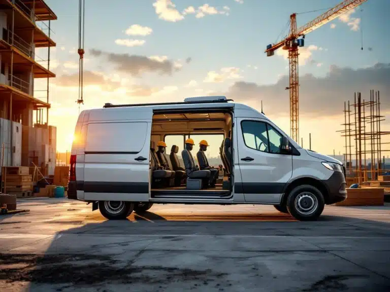 Witte dubbele cabine bedrijfswagen op bouwplaats tijdens gouden uur met open deuren en bouwmateriaal