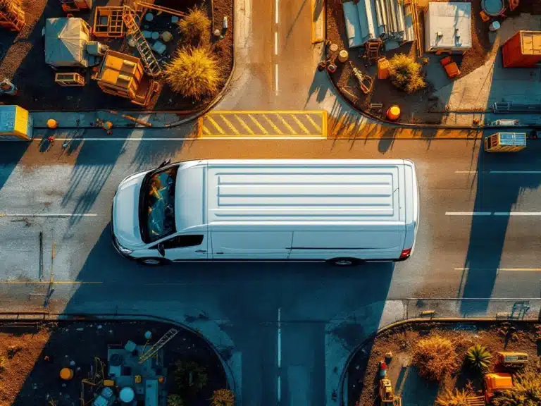 Witte dubbelcabine bedrijfswagen op bouwplaats met gereedschap en materialen bij zonsondergang
