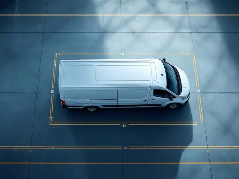Witte bestelwagen met dubbele cabine van bovenaf gefotografeerd met maatlijnen op betonnen vloer
