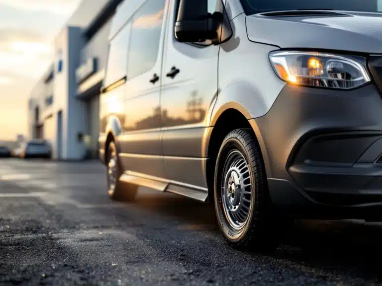 Witte dubbele cabine bedrijfswagen op dealerterrein met open deur en sleutels, klaar voor proefrit bij gouden uur