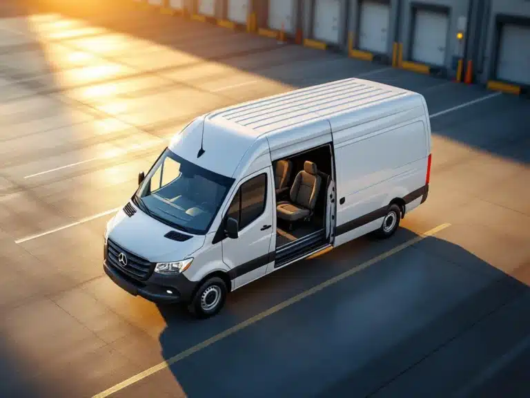 Witte moderne dubbele cabine bestelwagen met open deuren op industrieel terrein tijdens gouden uur