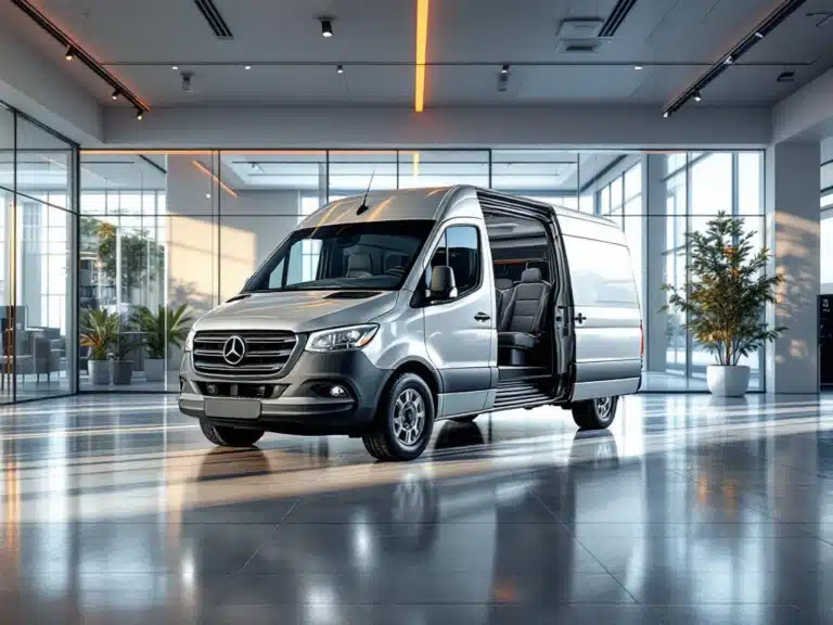 Camionetă comercială argintie cu cabină dublă într-un showroom modern, cu lumină naturală și uși deschise