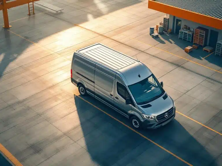 Metallic zilveren dubbele cabine bedrijfswagen vanuit vogelperspectief op betonnen vloer met gouden uurverlichting
