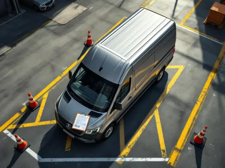 Zilveren dubbele cabine bedrijfswagen bij inspectiecheckpoint met verkeerskegels en controledocumenten op motorkap