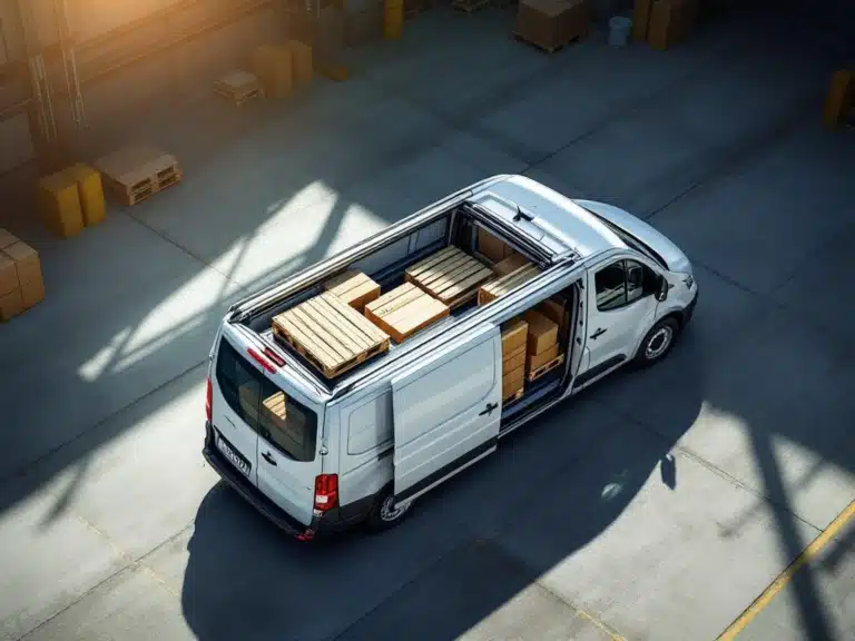 Witte dubbele cabine bestelwagen met houten pallets en dozen in laadruimte op industriële betonvloer
