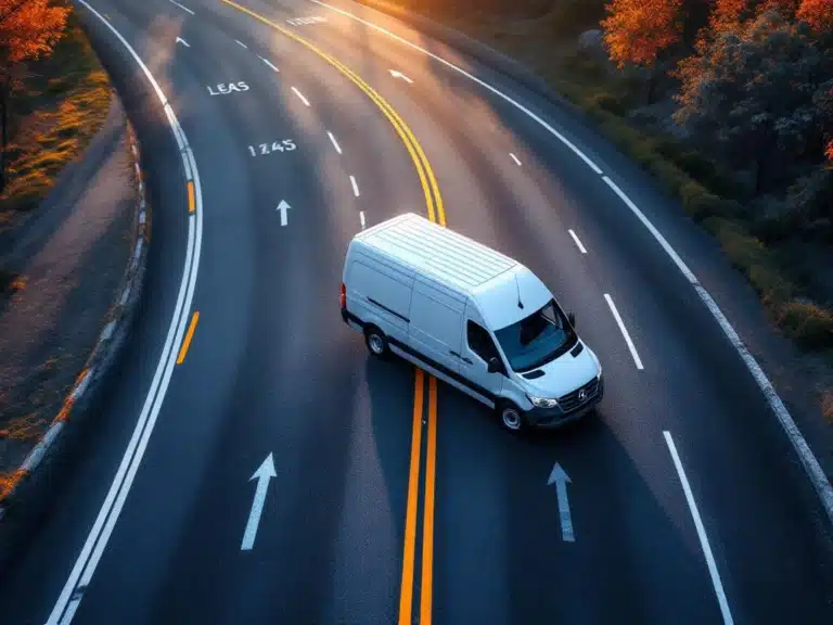 Witte dubbele cabine bedrijfswagen op kronkelende weg met tijdlijnmarkeringen tijdens gouden uur