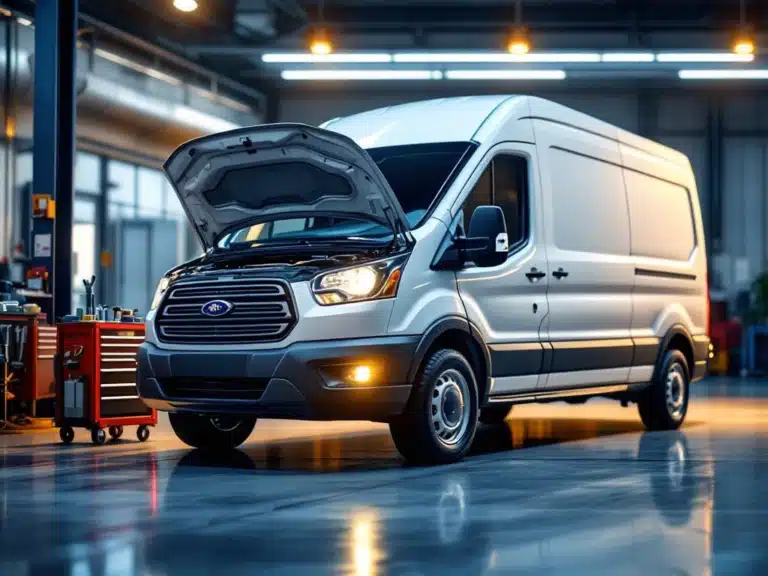 Weißer Doppelkabinen-Nutzfahrzeug mit offener Motorhaube in einer professionellen Werkstatt mit Werkzeugen auf einem roten Wagen.