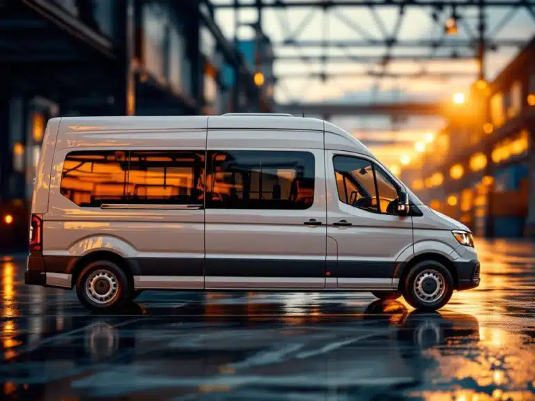 Witte dubbele cabine bedrijfswagen geparkeerd op nat asfalt bij gouden uur met industriële achtergrond