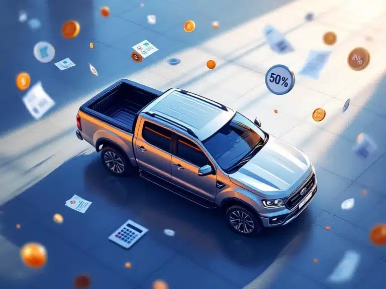 Camionetă argintie cu cabină dublă înconjurată de simboluri financiare plutitoare, cum ar fi monede euro și documente fiscale