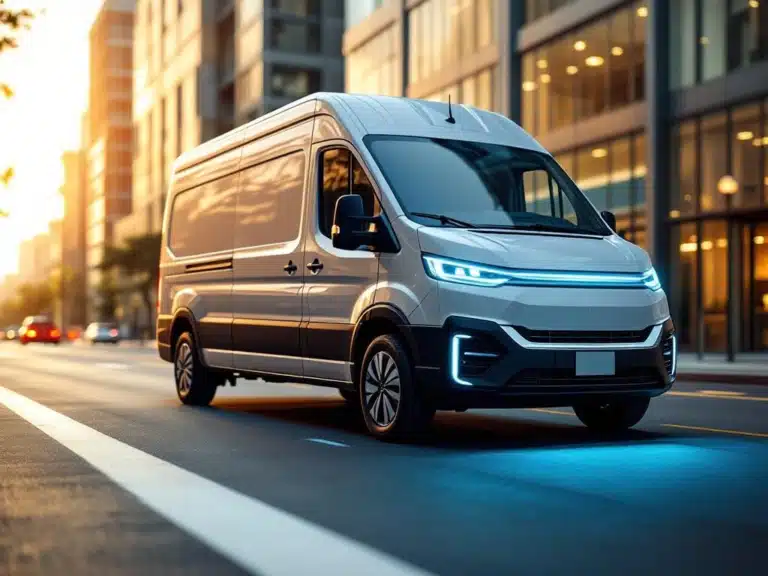 Witte elektrische bestelwagen met dubbele cabine op stadsstraat bij zonsondergang met LED-verlichting
