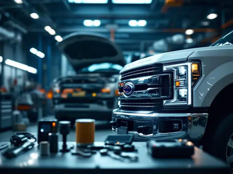 Camionnette blanche avec capot ouvert dans un atelier professionnel avec outils et équipement de diagnostic sur un établi