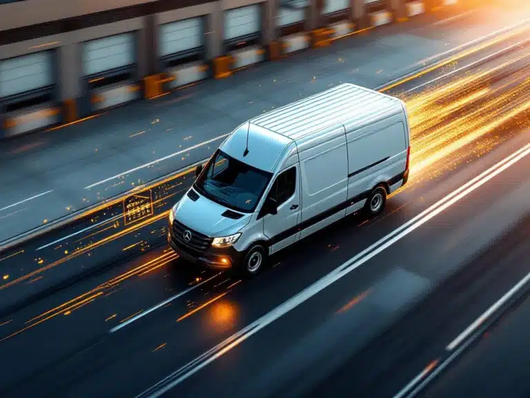 Une camionnette blanche roulant sur l'asphalte près d'un entrepôt à l'heure dorée, symbolisant une livraison rapide.