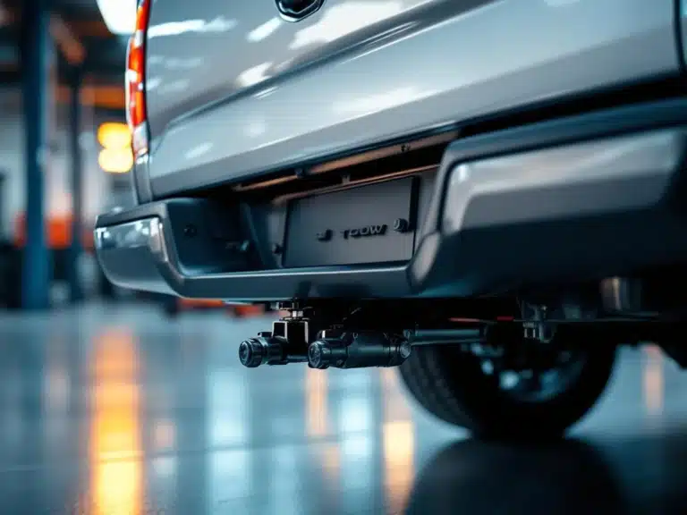 Bara de remorcare și mecanismul de ambreiaj al camionetei argintii în atelier profesional