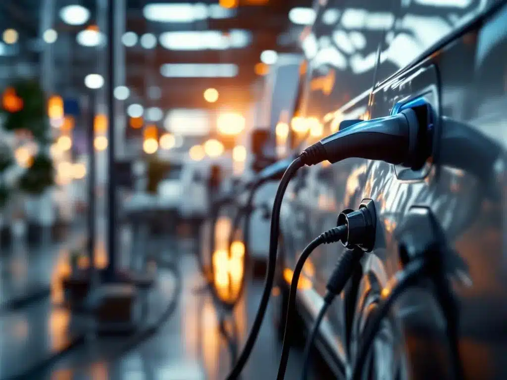 Vehículos comerciales eléctricos en una moderna sala de exposición con cables de carga y elementos financieros al fondo