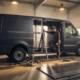 Mechanik sprawdza częściowo zdemontowaną tylną ściankę furgonetki z podwójną kabiną podczas profesjonalnej przebudowy w warsztacie.